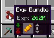 Screenshot of Minecraft showing the Exp Bundle item, with its purpose made tooltip, as it appears in-game.