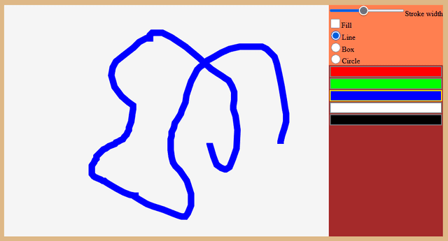 Screenshot of WhiteBord in a browser. The user has drawn an abstract shape with the line tool, having set stroke width and selected the colour blue from the interface.