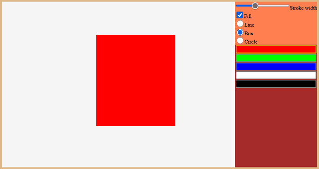 Screenshot of WhiteBord in a browser. The user has drawn a rectangle using the box tool, having selected the colour red and enabled the fill option in the interface.